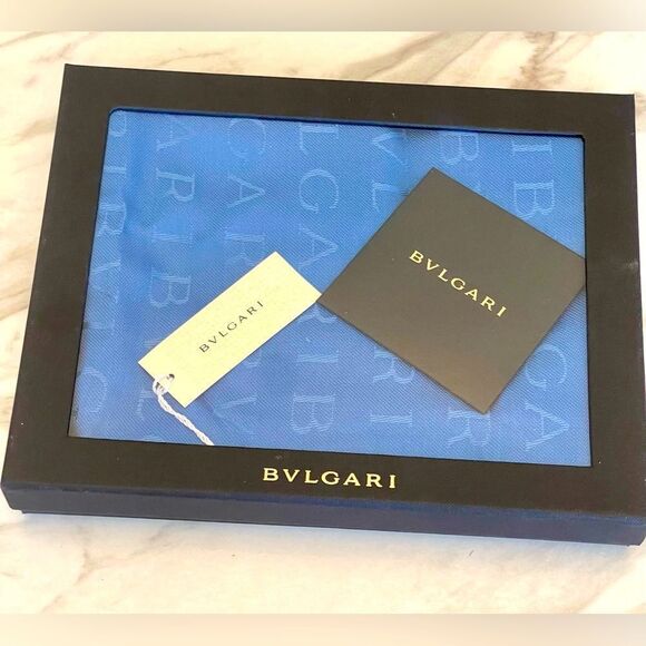 Bvlgari Blue Silk Wool Logo Scarf – 70” x 30” – Made in Italy NWT - Picture 1 of 4
